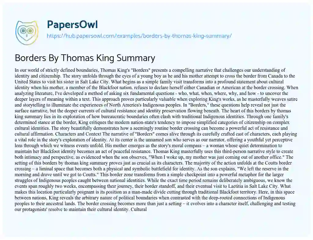 Essay on Borders By Thomas King Summary