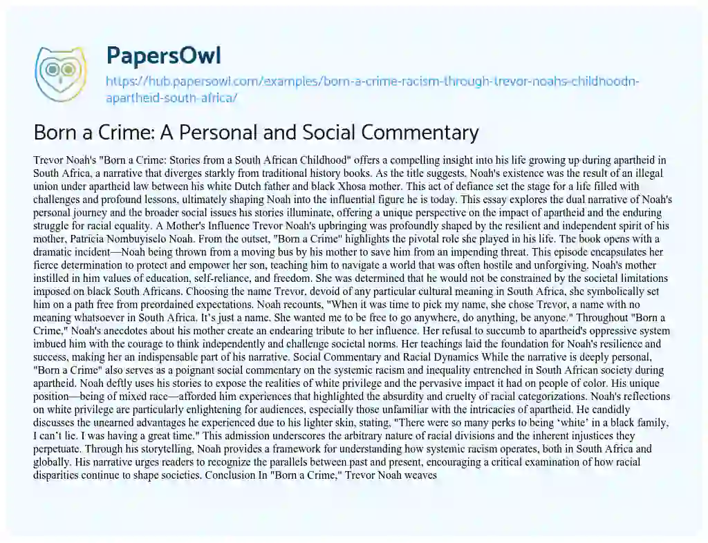 Essay on Born a Crime: A Personal and Social Commentary