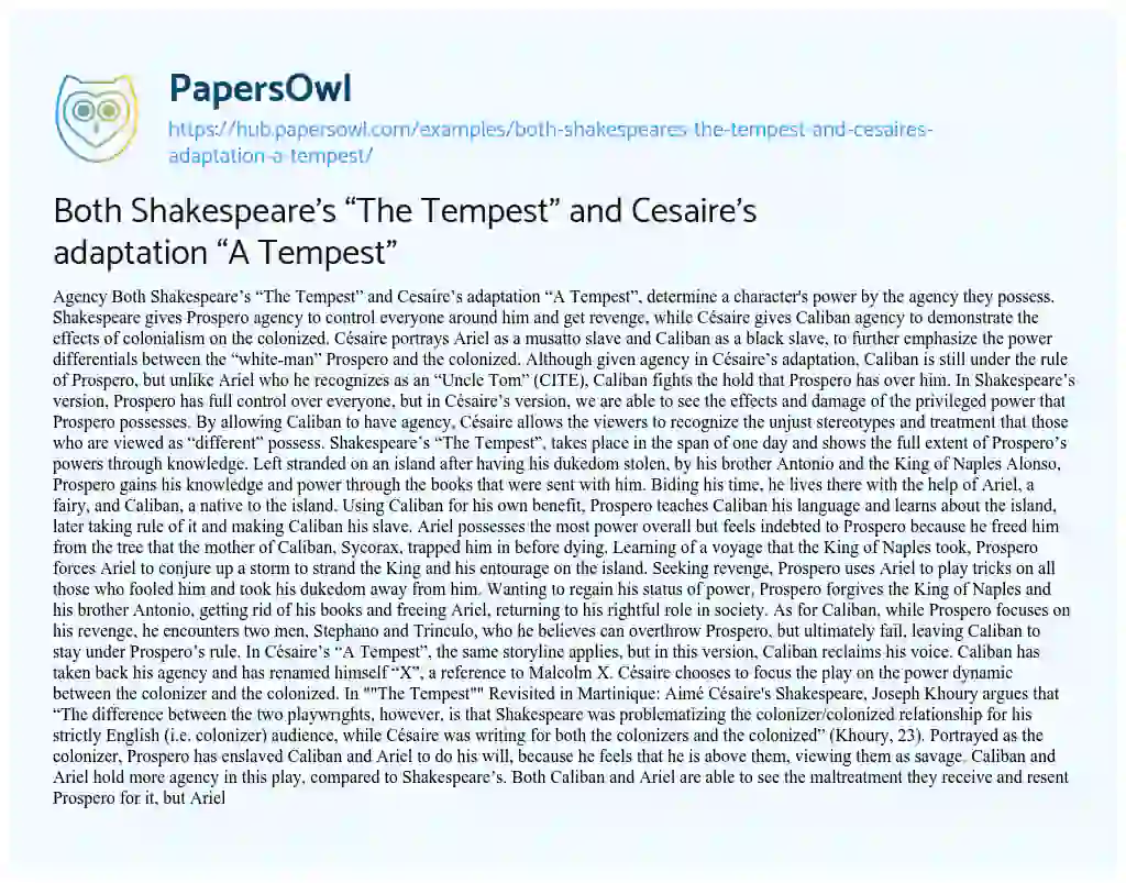 Essay on Both Shakespeare’s “The Tempest” and Cesaire’s adaptation “A Tempest”