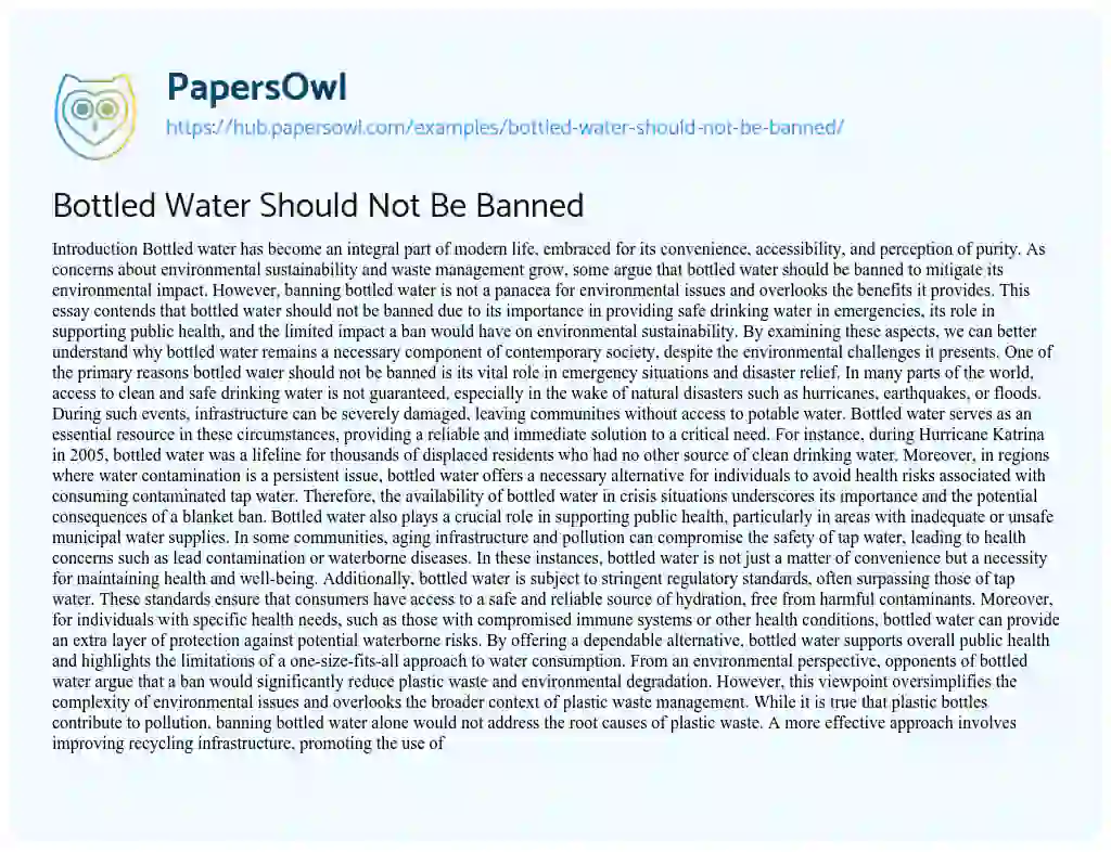 Essay on Bottled Water Should Not Be Banned