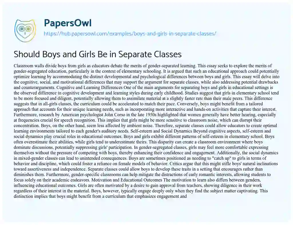 Essay on Should Boys and Girls Be in Separate Classes