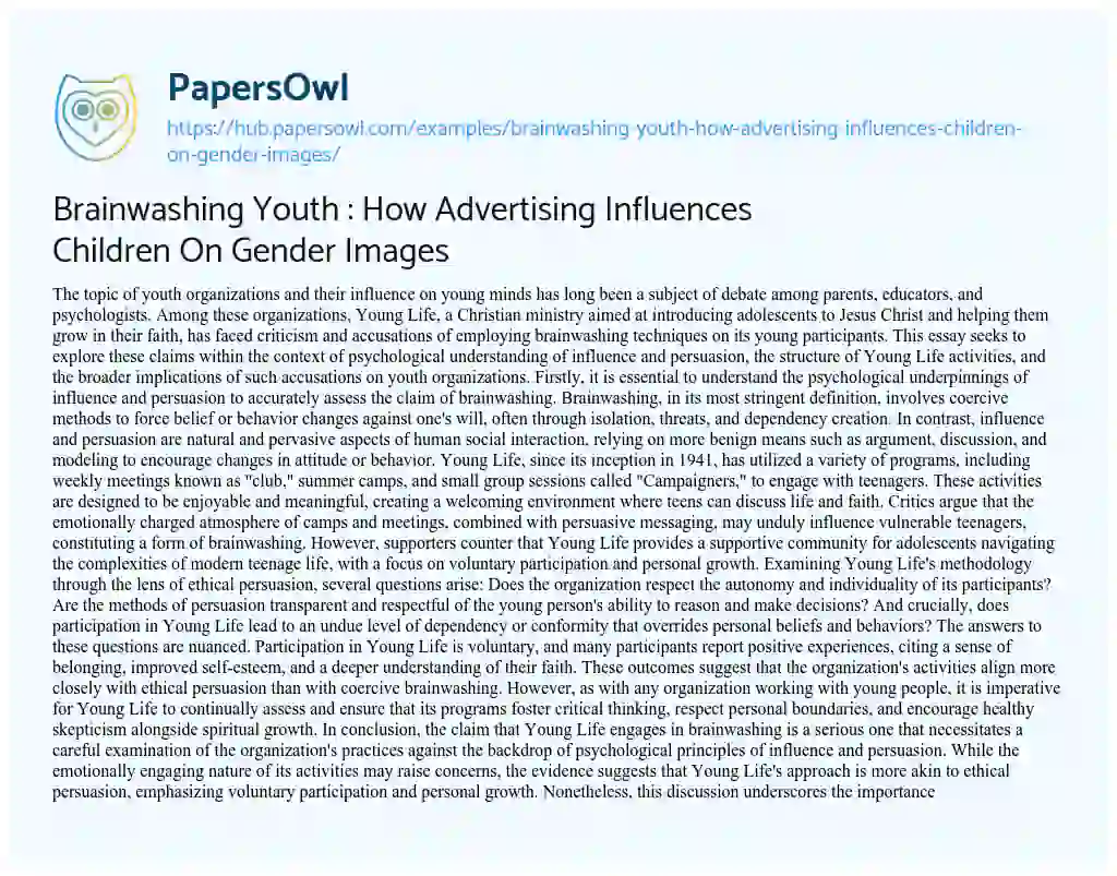 Essay on Brainwashing Youth : How Advertising Influences Children On Gender Images