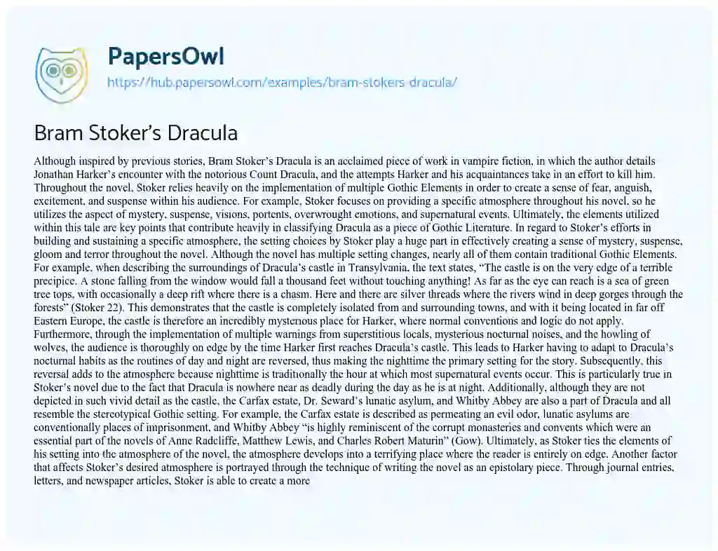 Essay on Bram Stoker’s Dracula