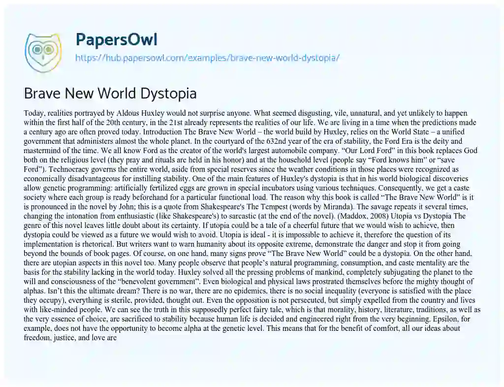 Essay on Brave New World Dystopia