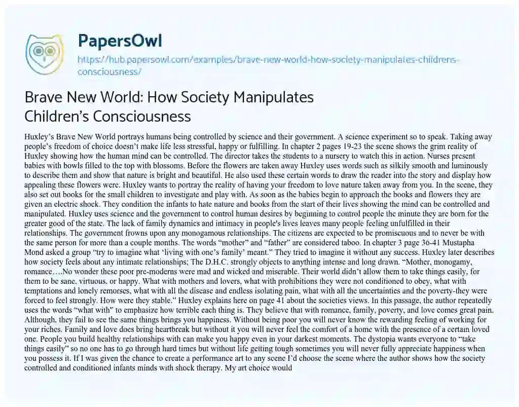 Essay on Brave New World: How Society Manipulates Children’s Consciousness