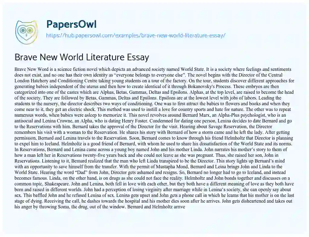 Essay on Brave New World Literature Essay