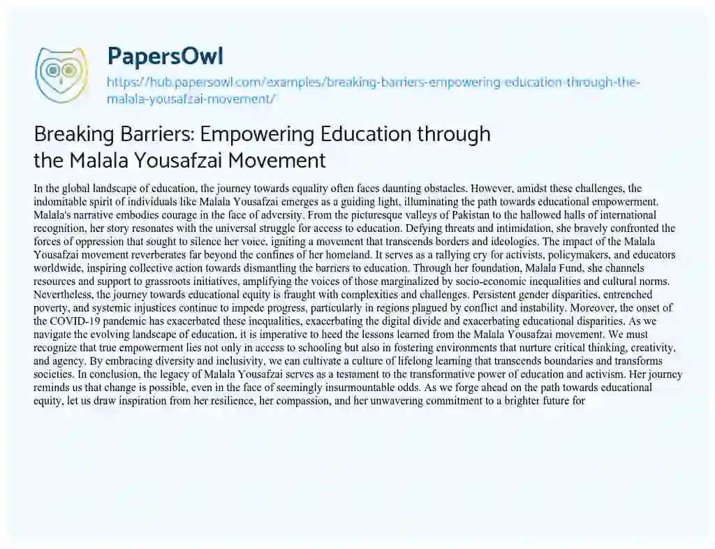 Essay on Breaking Barriers: Empowering Education through the Malala Yousafzai Movement