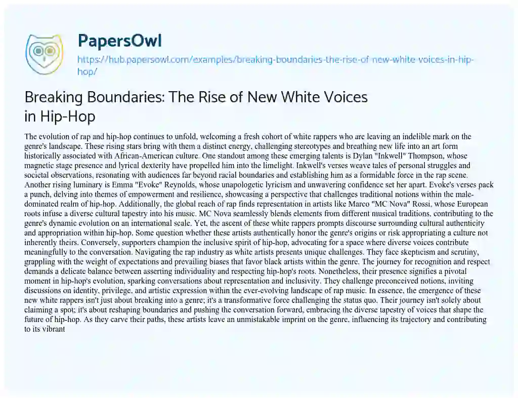Essay on Breaking Boundaries: The Rise of New White Voices in Hip-Hop