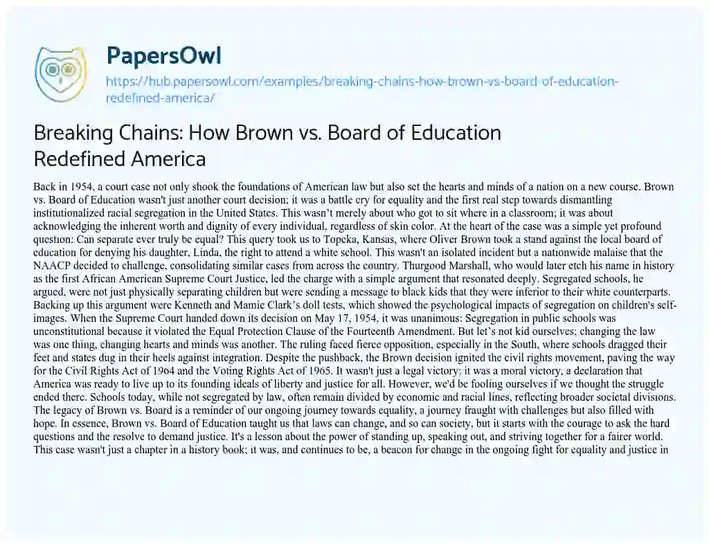 Essay on Breaking Chains: How Brown vs. Board of Education Redefined America
