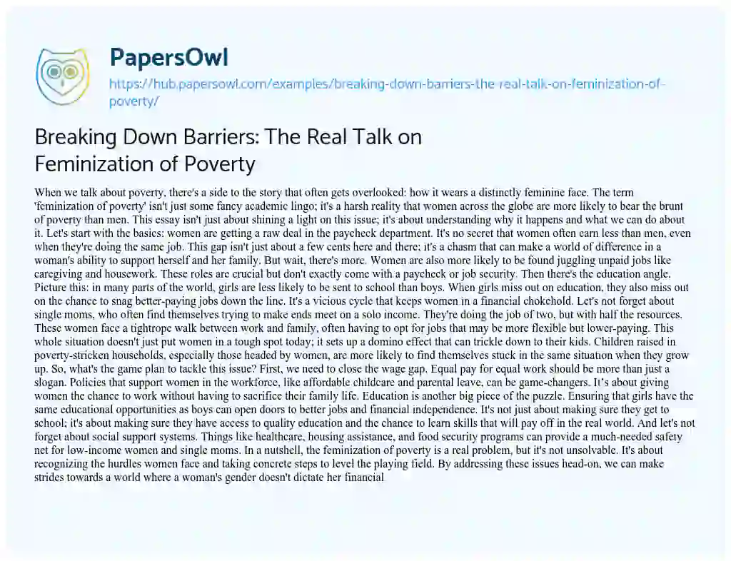 Essay on Breaking Down Barriers: The Real Talk on Feminization of Poverty
