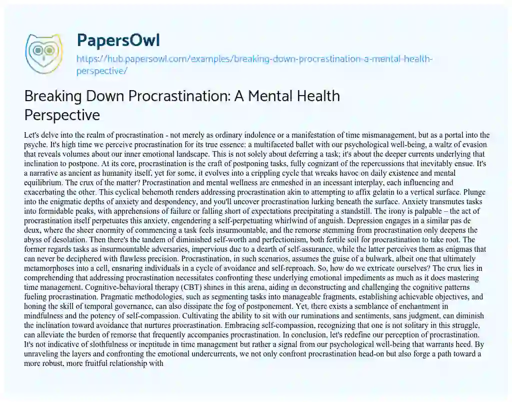 Essay on Breaking Down Procrastination: A Mental Health Perspective
