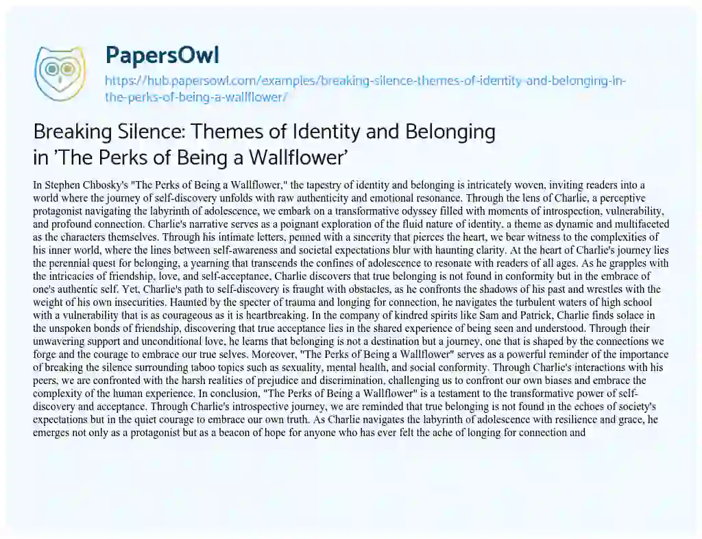 Essay on Breaking Silence: Themes of Identity and Belonging in ‘The Perks of Being a Wallflower’