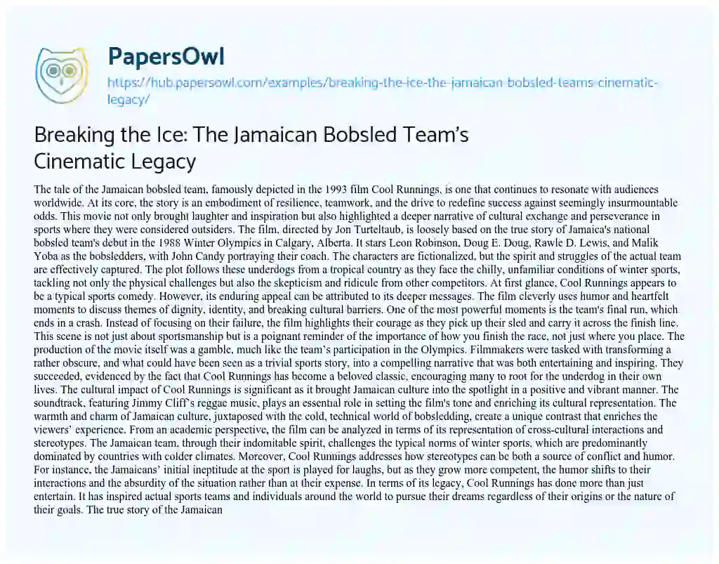 Essay on Breaking the Ice: The Jamaican Bobsled Team’s Cinematic Legacy