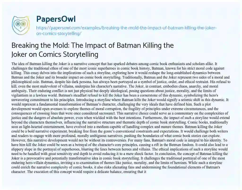 Essay on Breaking the Mold: The Impact of Batman Killing the Joker on Comics Storytelling