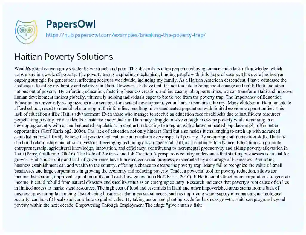 Essay on Haitian Poverty Solutions