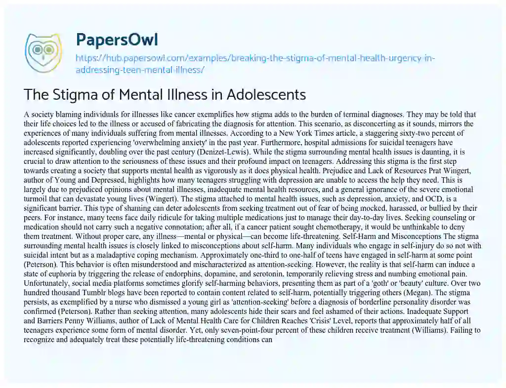 Essay on The Stigma of Mental Illness in Adolescents