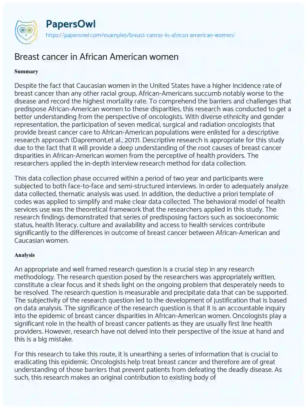 Essay on Breast cancer in African American women