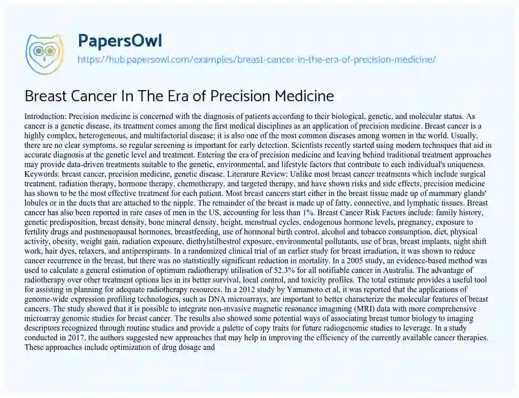 Essay on Breast Cancer In The Era of Precision Medicine