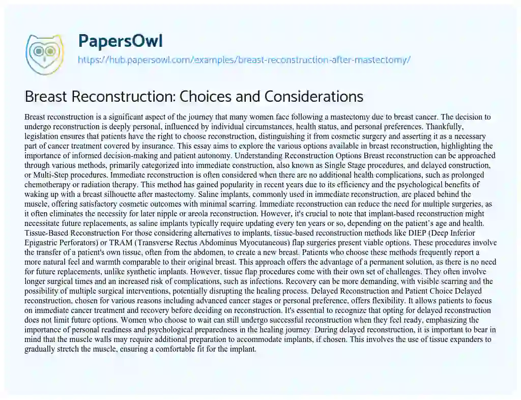 Essay on Breast Reconstruction: Choices and Considerations
