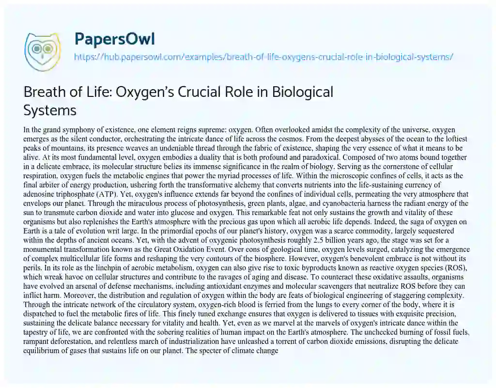 Essay on Breath of Life: Oxygen’s Crucial Role in Biological Systems