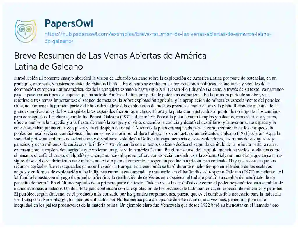 Essay on Breve Resumen de Las Venas Abiertas de América Latina de Galeano