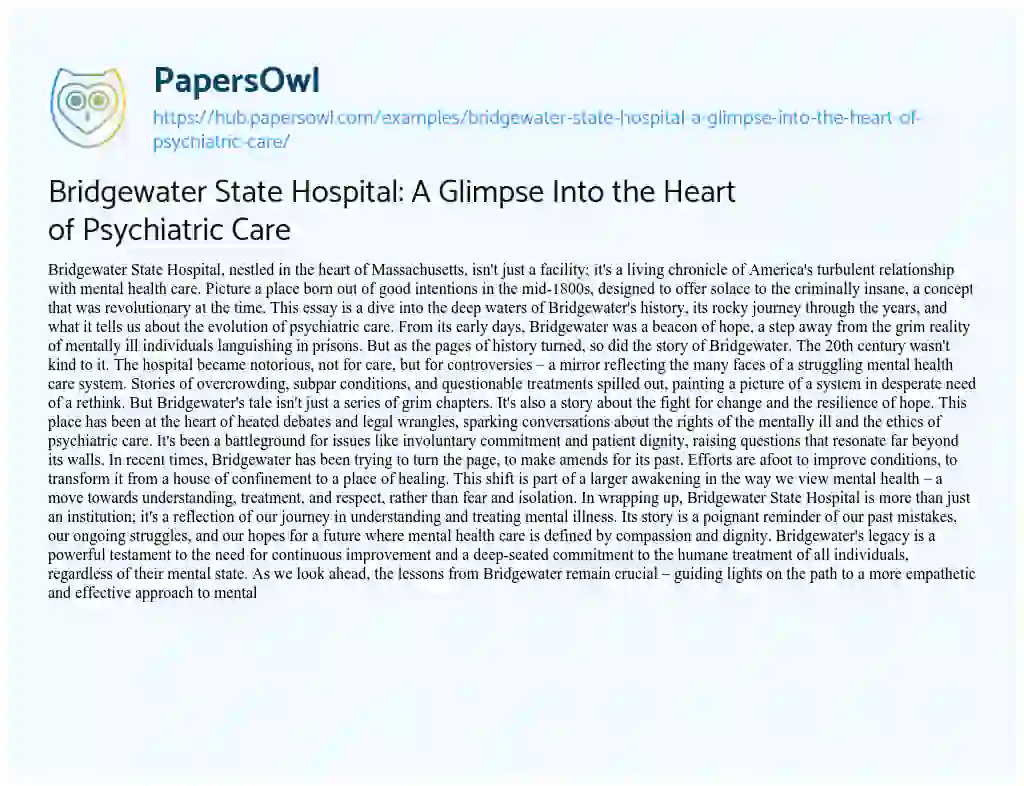 Essay on Bridgewater State Hospital: A Glimpse Into the Heart of Psychiatric Care