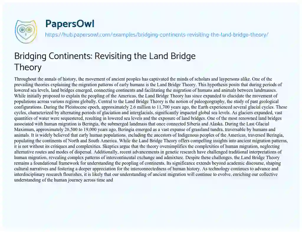 Essay on Bridging Continents: Revisiting the Land Bridge Theory