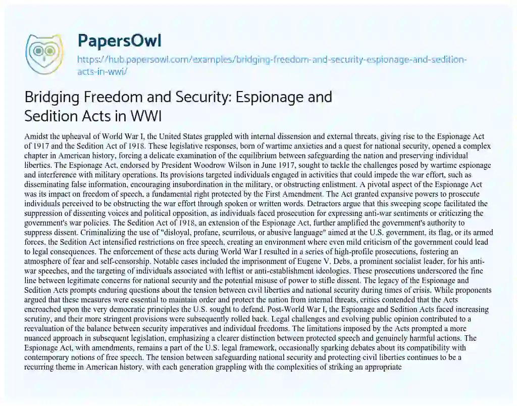 Essay on Bridging Freedom and Security: Espionage and Sedition Acts in WWI