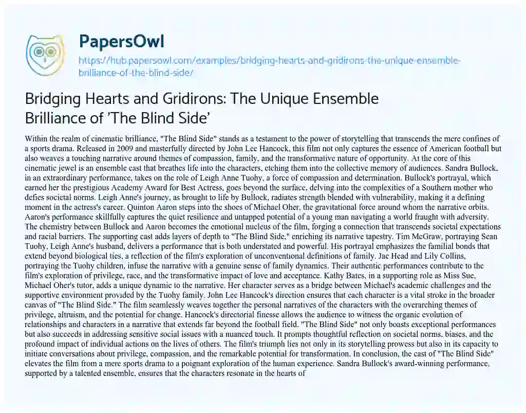 Essay on Bridging Hearts and Gridirons: The Unique Ensemble Brilliance of ‘The Blind Side’