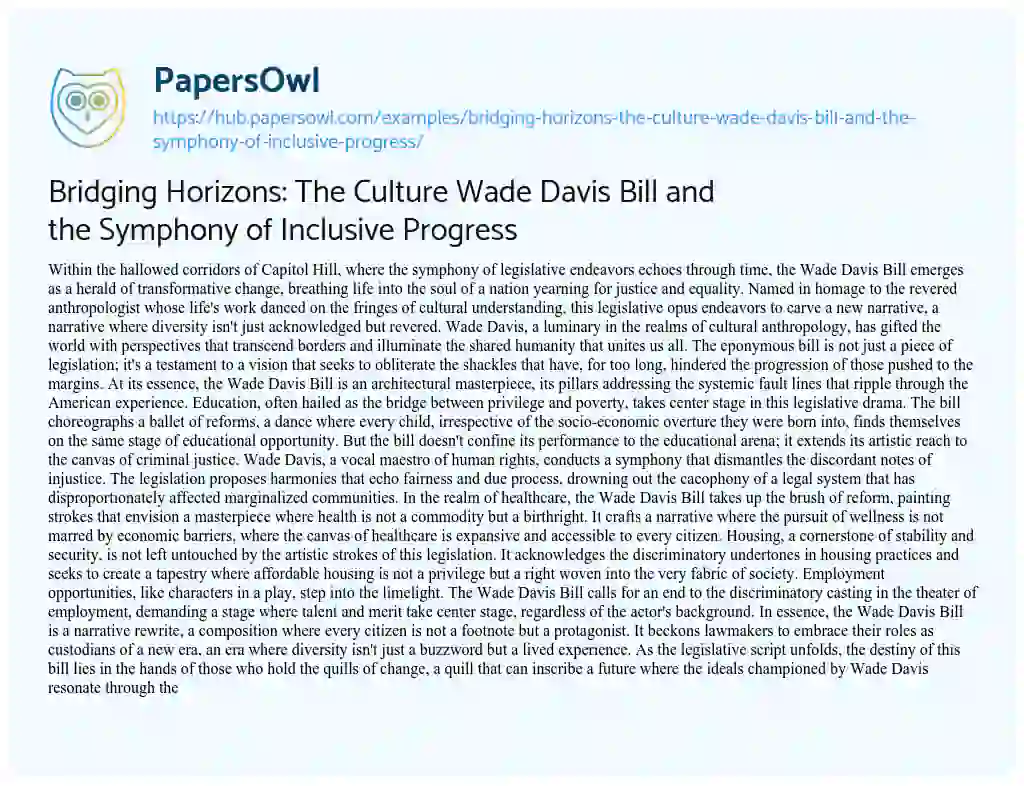 Essay on Bridging Horizons: The Culture Wade Davis Bill and the Symphony of Inclusive Progress