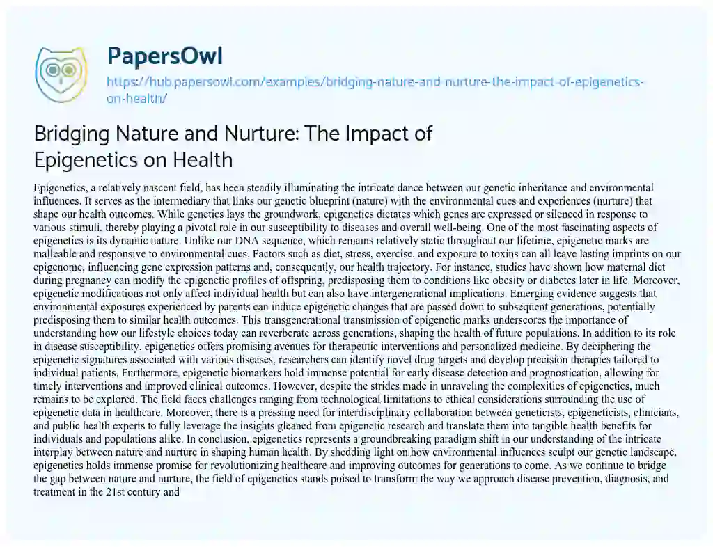 Essay on Bridging Nature and Nurture: The Impact of Epigenetics on Health