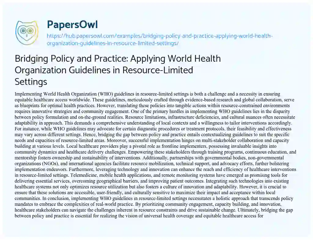 Essay on Bridging Policy and Practice: Applying World Health Organization Guidelines in Resource-Limited Settings