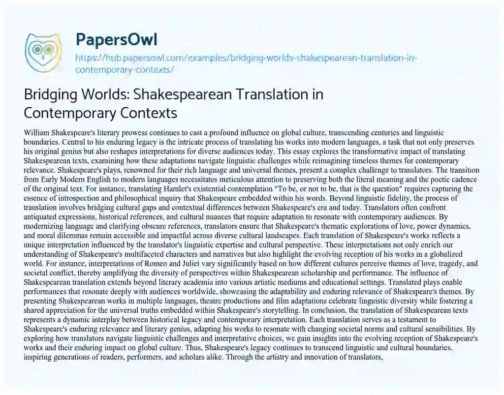 Essay on Bridging Worlds: Shakespearean Translation in Contemporary Contexts