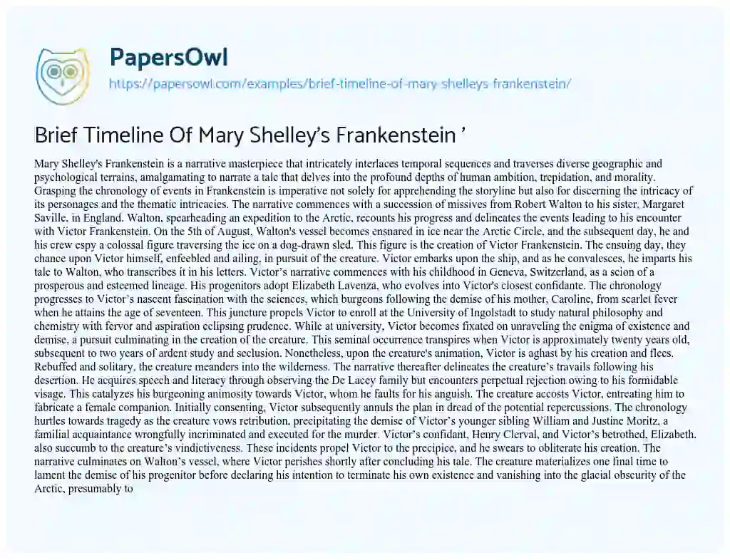 Essay on Brief Timeline Of Mary Shelley’s Frankenstein ‘