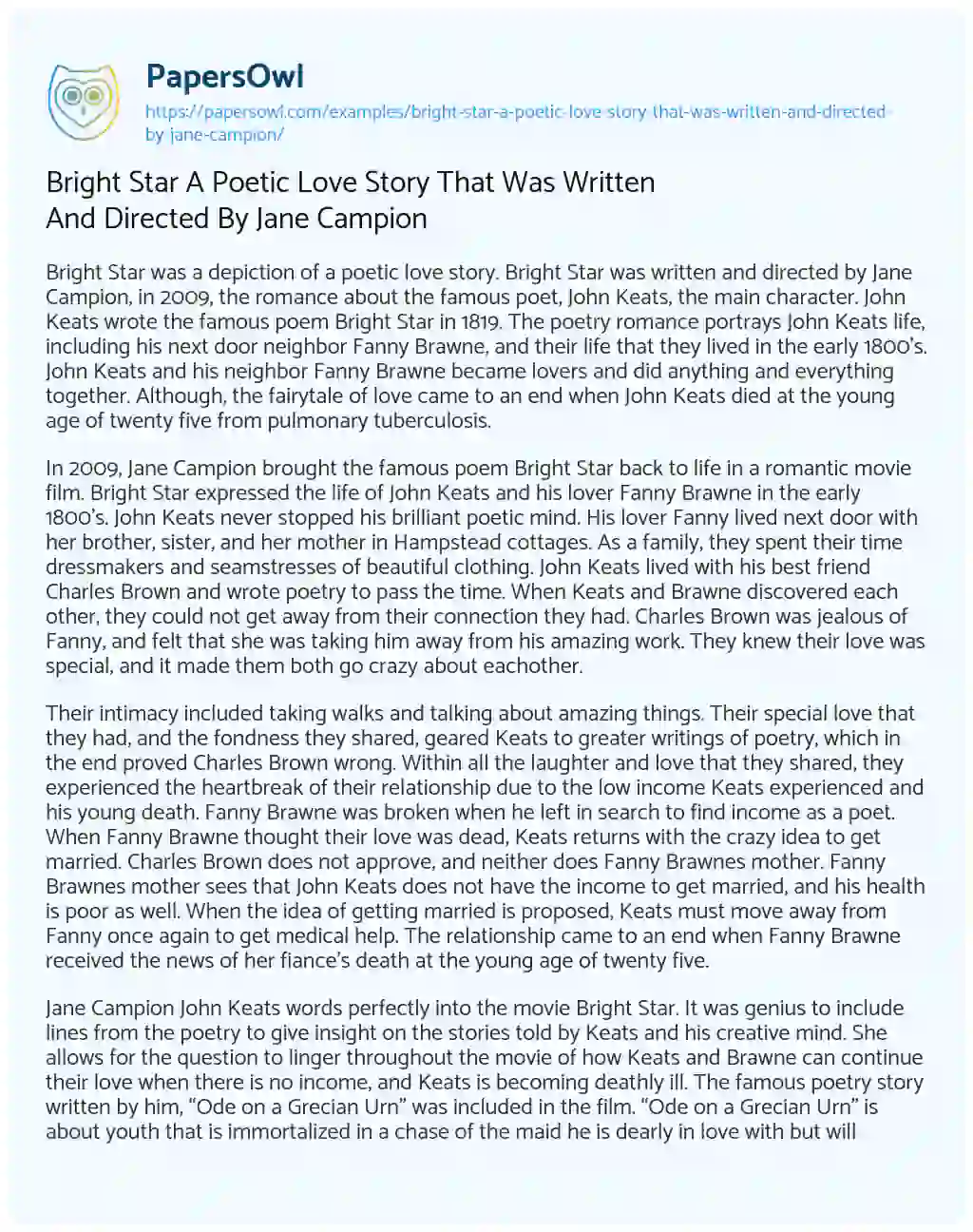 Essay on Bright Star A Poetic Love Story That Was Written And Directed By Jane Campion