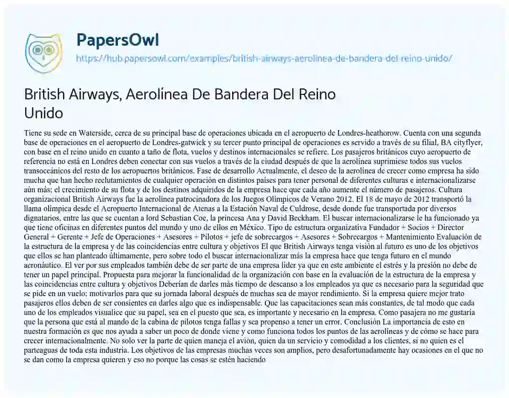 Essay on British Airways, Aerolínea De Bandera Del Reino Unido