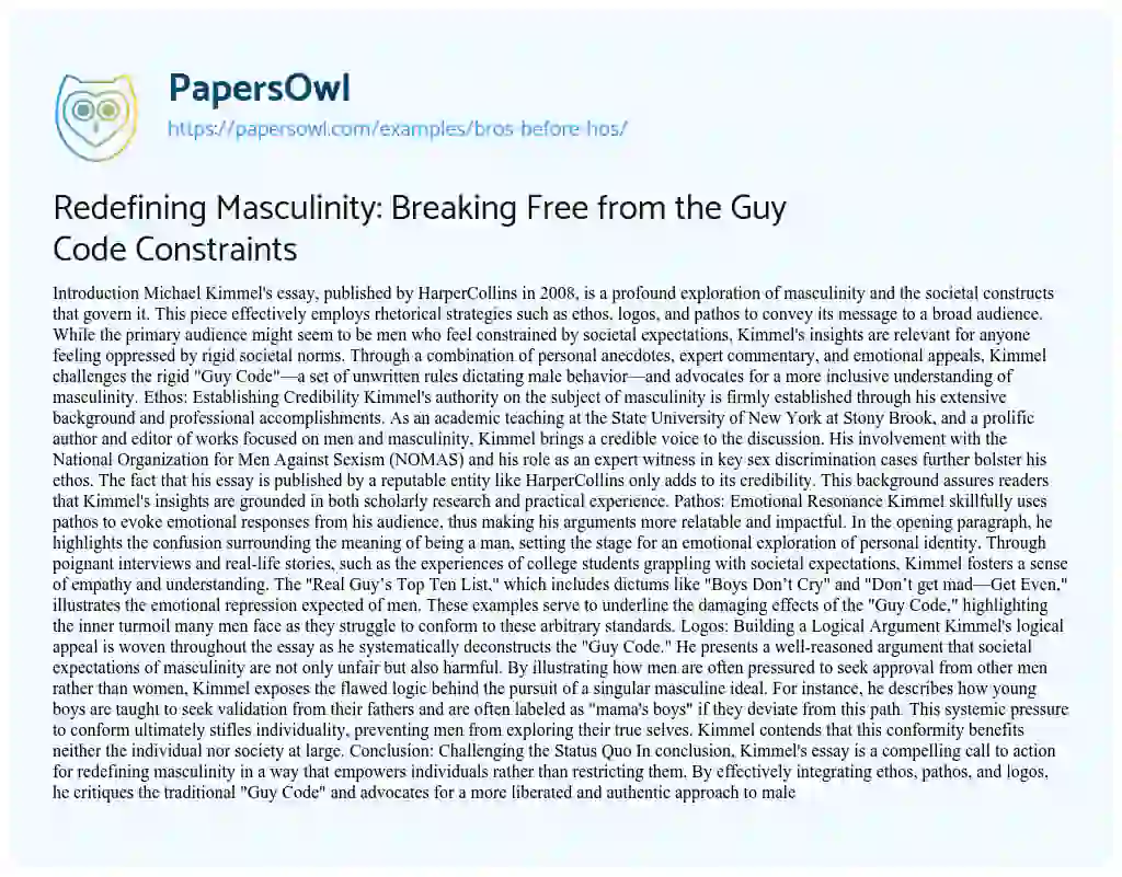 Essay on Redefining Masculinity: Breaking Free from the Guy Code Constraints