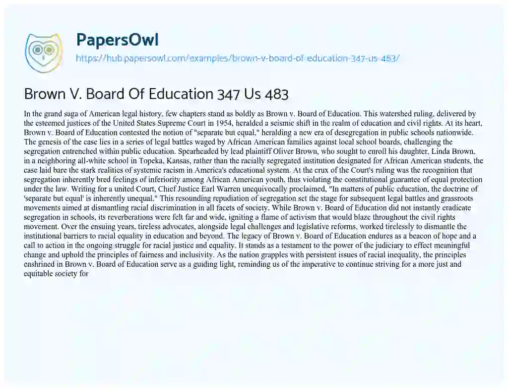 Essay on Brown V. Board Of Education 347 Us 483