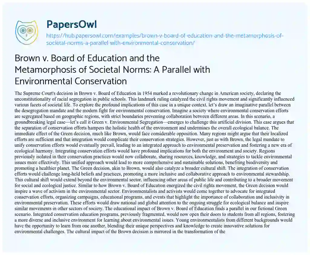 Essay on Brown v. Board of Education and the Metamorphosis of Societal Norms: A Parallel with Environmental Conservation
