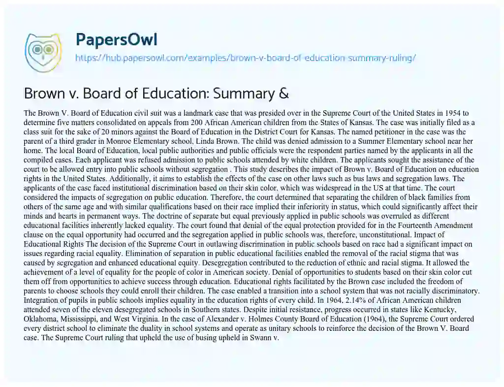 Essay on Brown v. Board of Education: Summary & Ruling