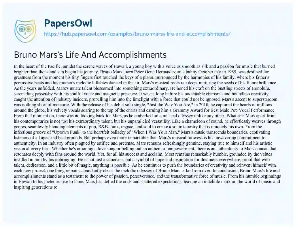 Essay on Bruno Mars’s Life And Accomplishments