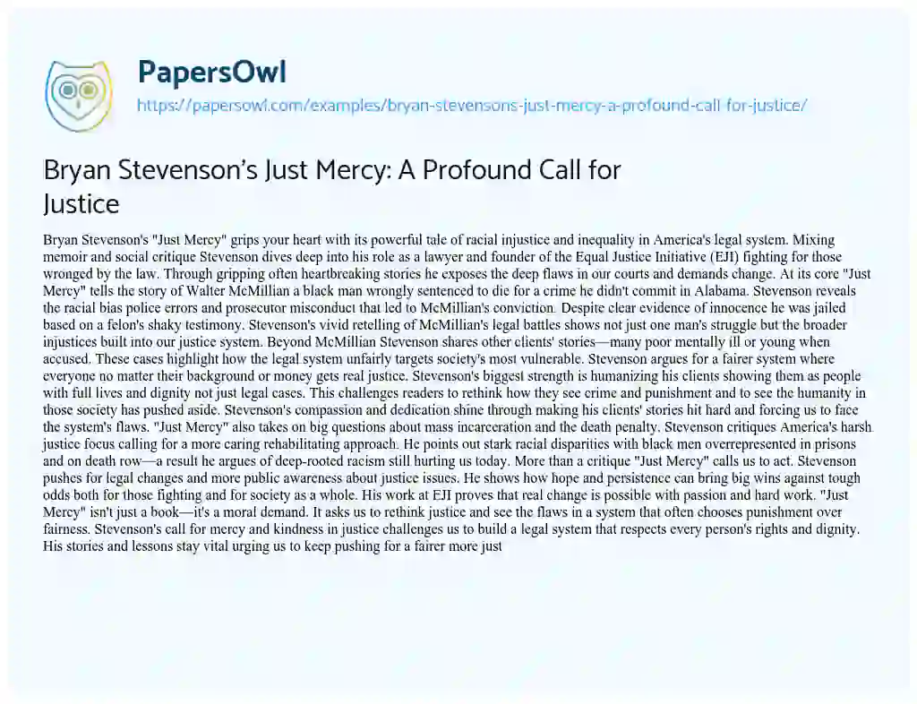 Essay on Bryan Stevenson’s Just Mercy: A Profound Call for Justice
