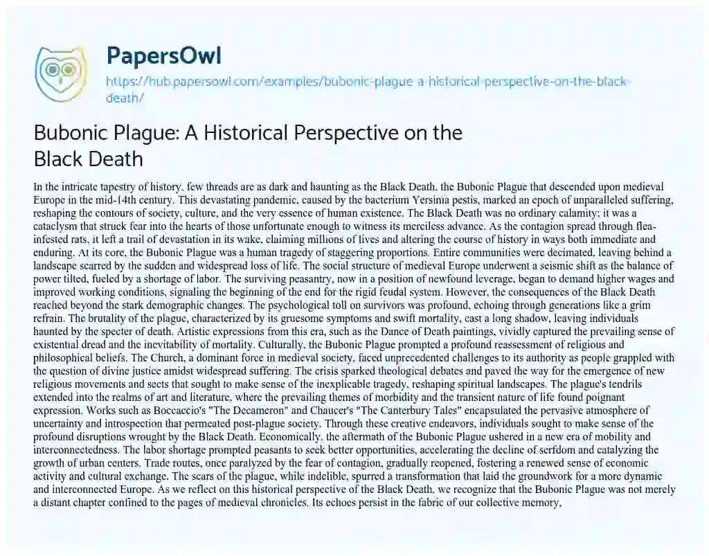 Essay on Bubonic Plague: A Historical Perspective on the Black Death