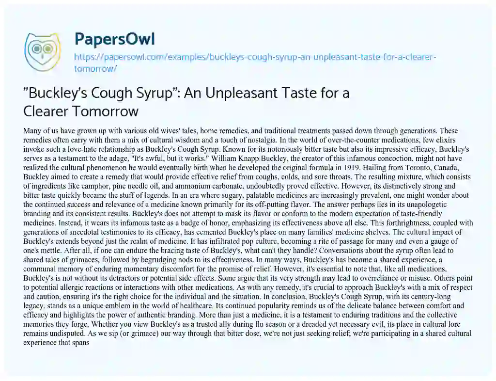 Essay on “Buckley’s Cough Syrup”: An Unpleasant Taste for a Clearer Tomorrow