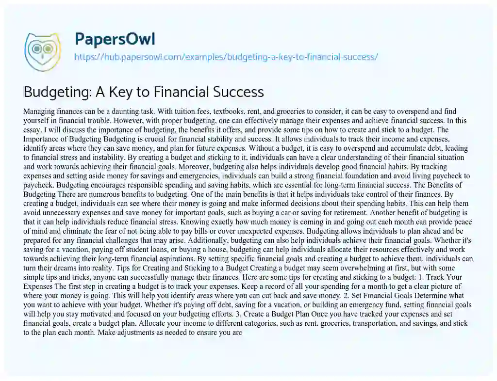 Essay on Budgeting: A Key to Financial Success