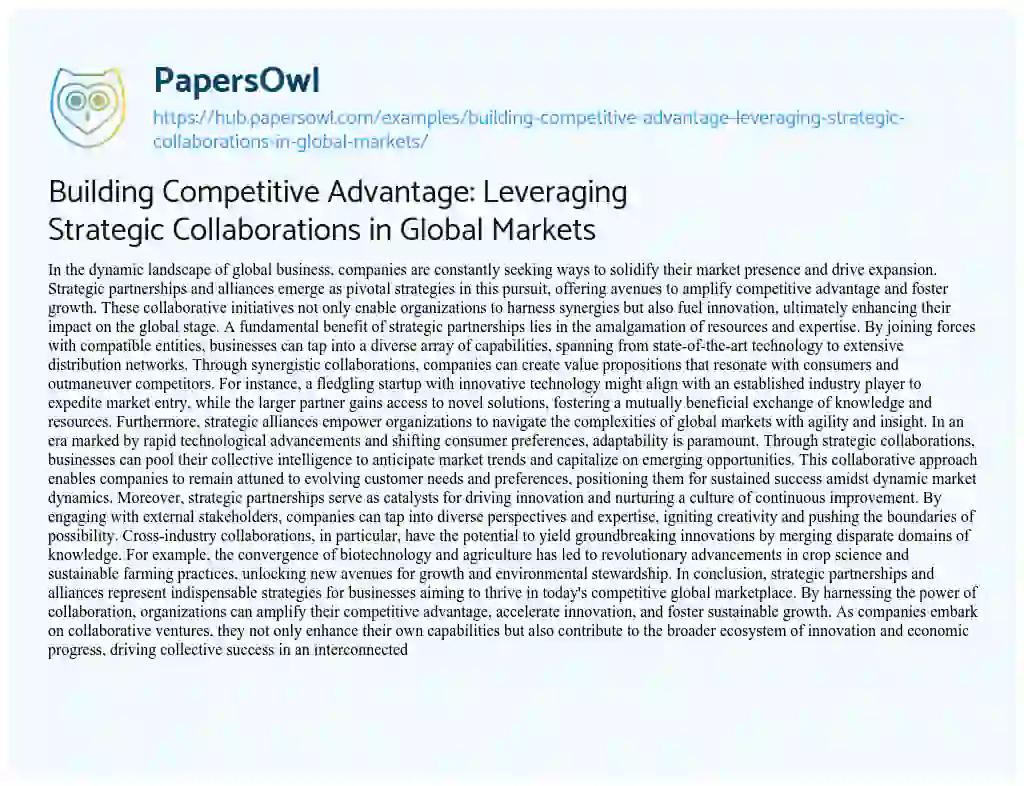 Essay on Building Competitive Advantage: Leveraging Strategic Collaborations in Global Markets