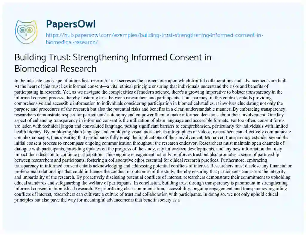 Essay on Building Trust: Strengthening Informed Consent in Biomedical Research