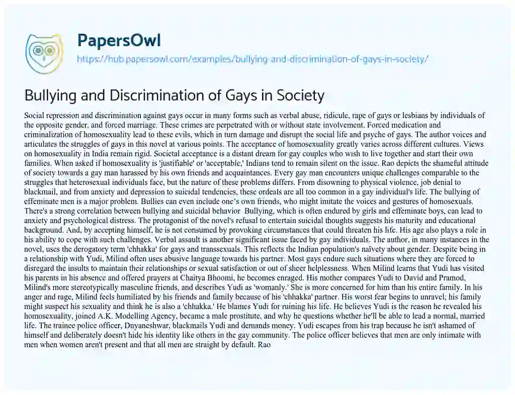 Essay on Bullying and Discrimination of Gays in Society