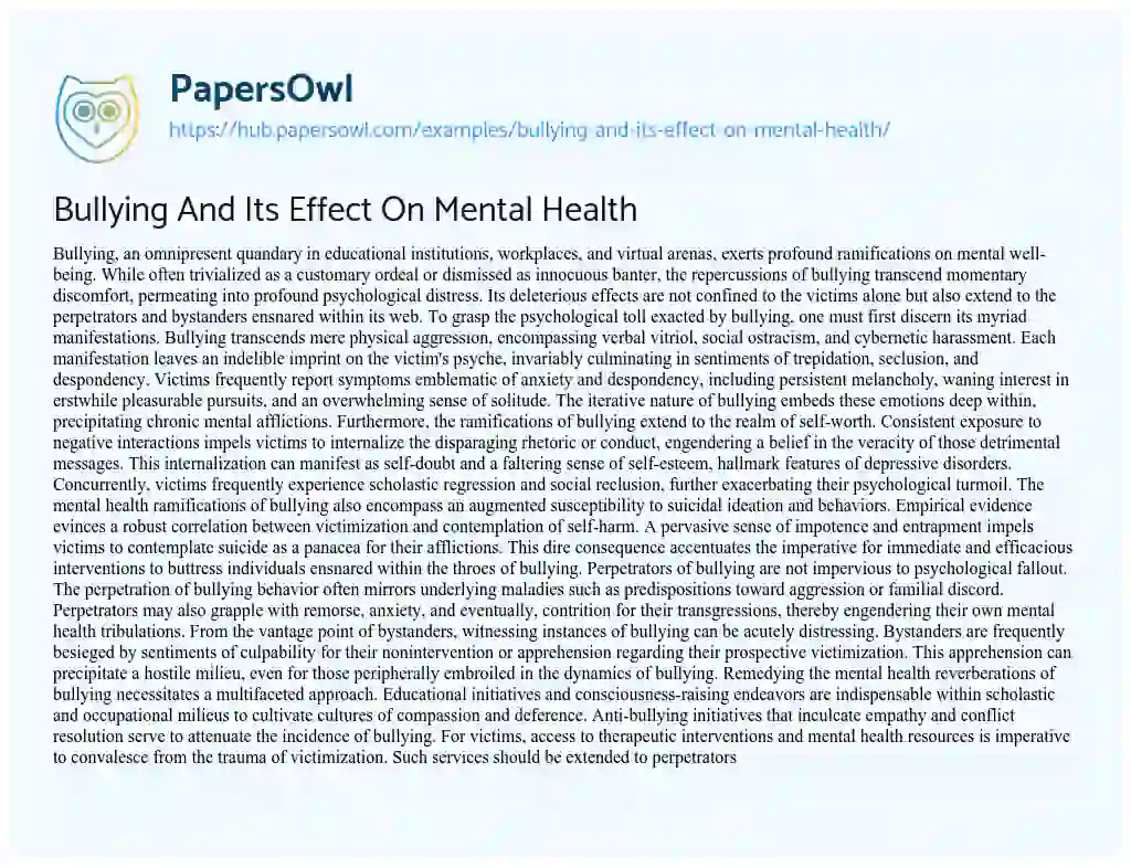 Essay on Bullying And Its Effect On Mental Health