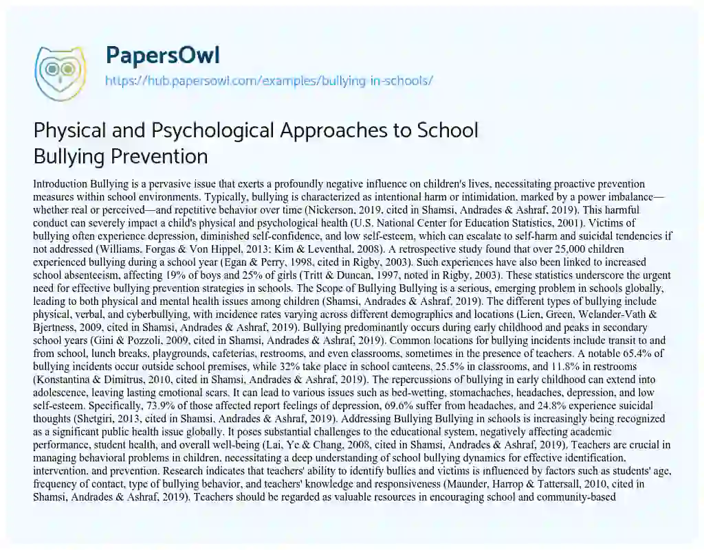 Essay on Physical and Psychological Approaches to School Bullying Prevention